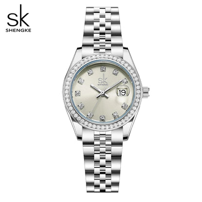 Shengke Elegant Women's Crystal-Accented Quartz Watch with Solid Alloy Steel Band and Calendar – Perfect Dress Watch for Women