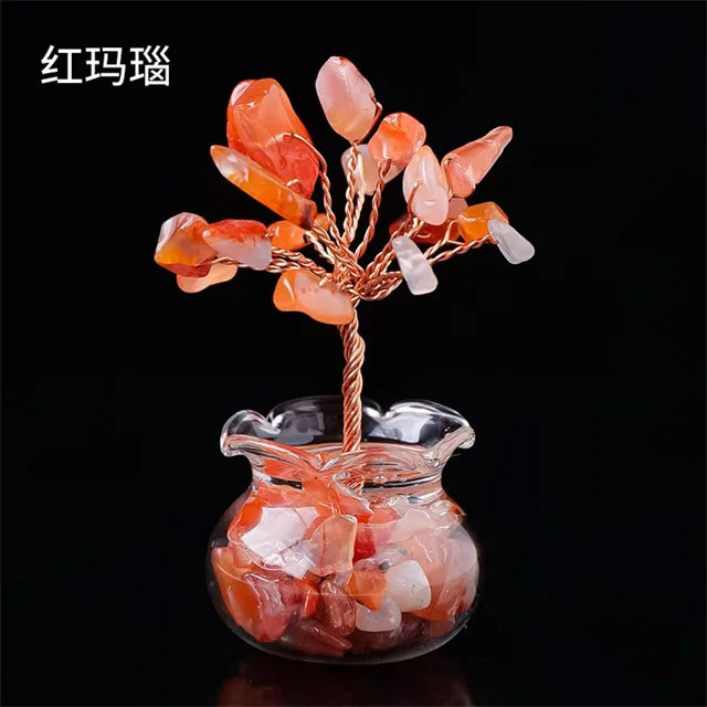 Natural Crystal Fortune Tree – Hand-Woven Mini Crystal Tree Ornaments with Gravel Gems in Glass Vases