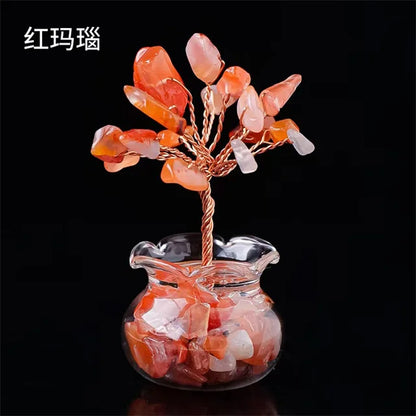Natural Crystal Fortune Tree – Hand-Woven Mini Crystal Tree Ornaments with Gravel Gems in Glass Vases