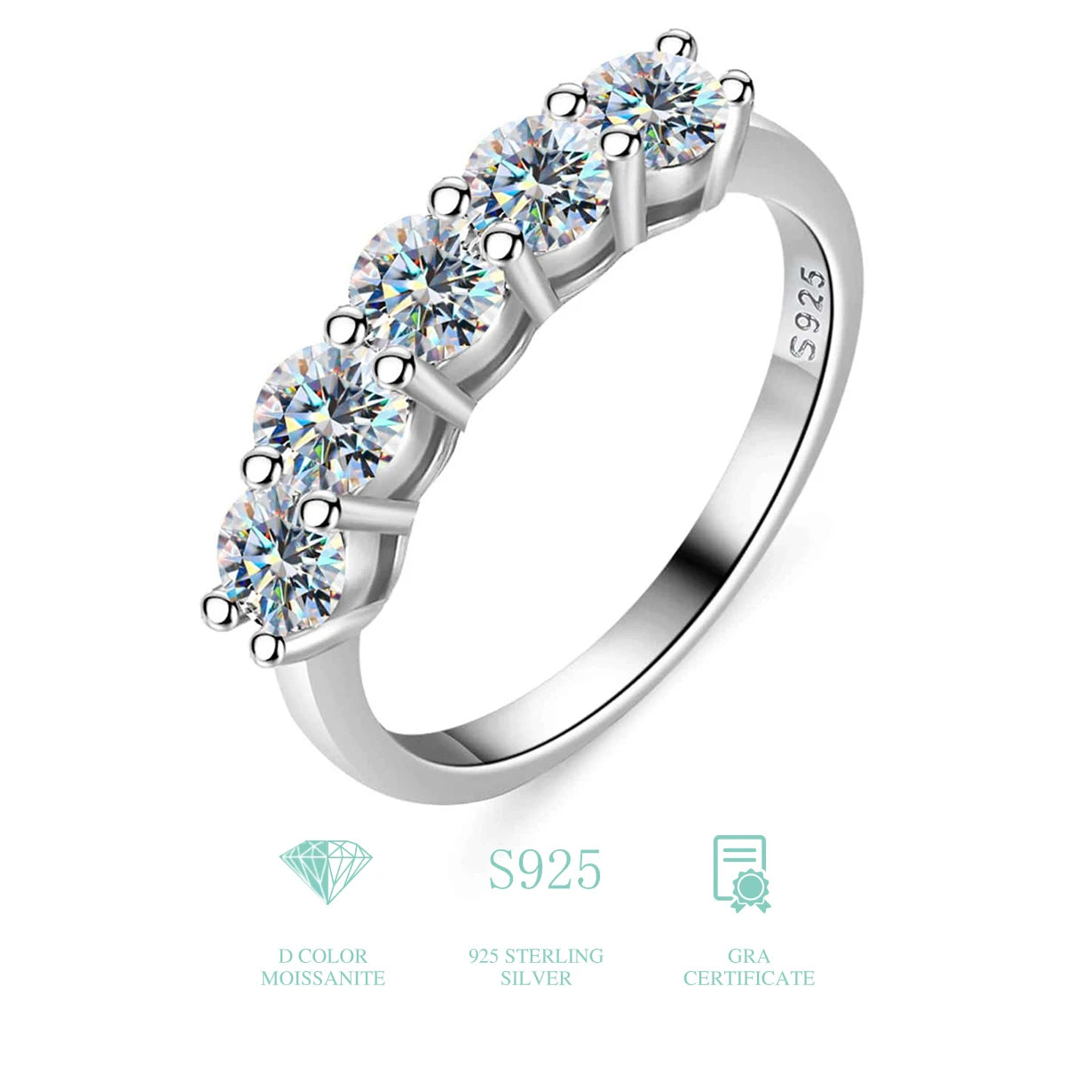925 Sterling Silver 18K Gold Plated Moissanite Ring – 5-Stone 0.3ct Diamond Tennis Eternity Band for Engagement | Fine Jewelry Judith