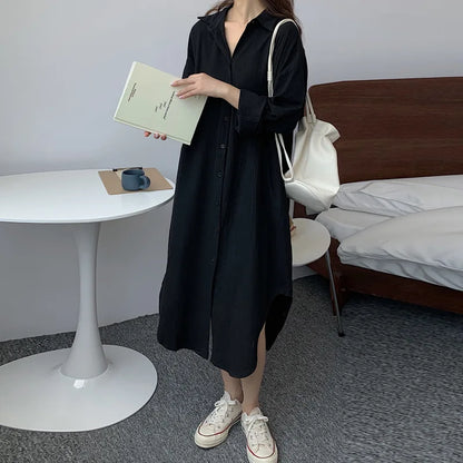 Women Loose Cotton Linen Shirt Dress Single Breasted Long Sleeve Top Spring Summer Lady Casual Dress