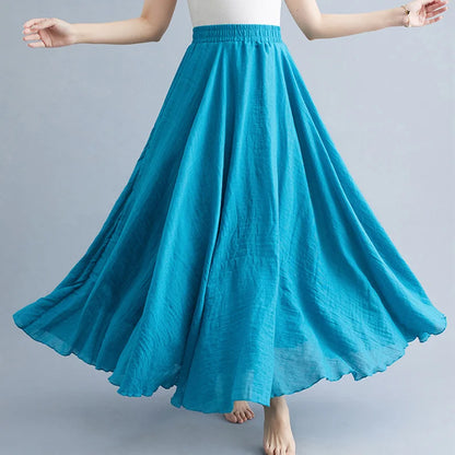 Women Loose Cotton Linen Elastic Waist A-line Solid Color Pleated Skirt