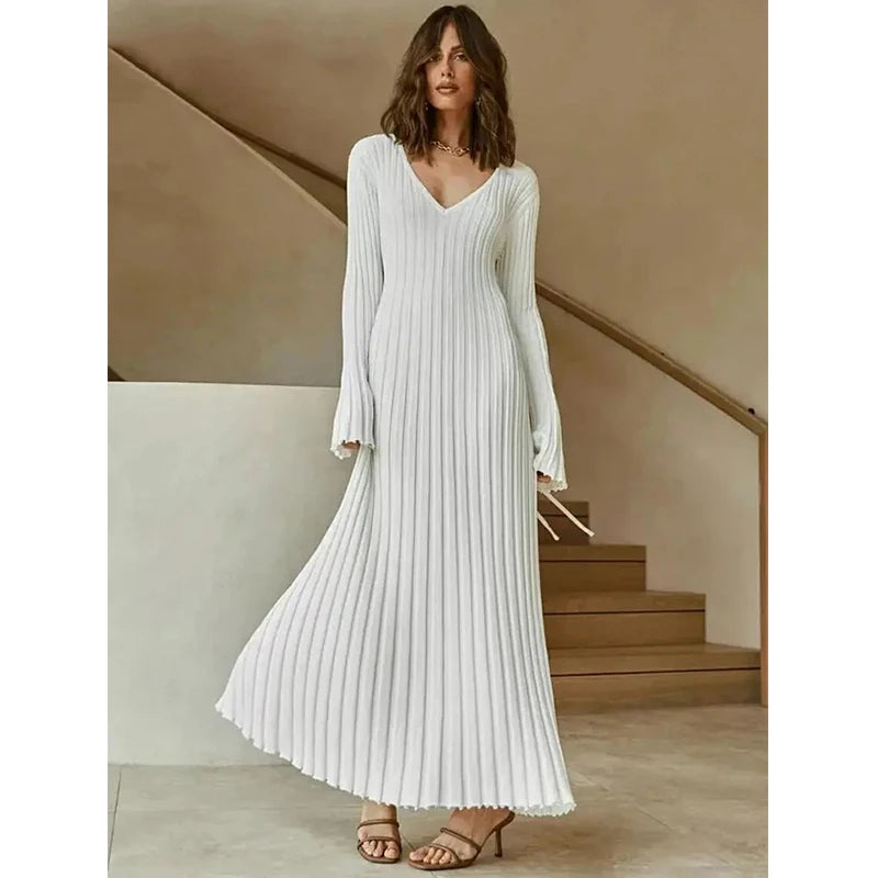 Elegant Ribbed Knit A-Line Maxi Dress for Women – Fall Winter V-Neck Long Dress | Simple & Chic Style Alexa