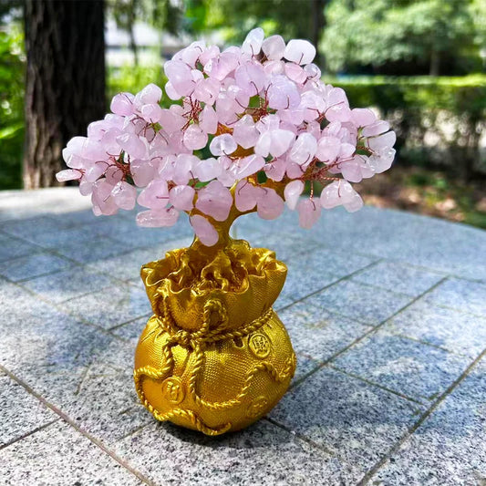 Seven-Chakra Pink Crystal Tree – Natural Healing Stone Ornament for Energy Balance
