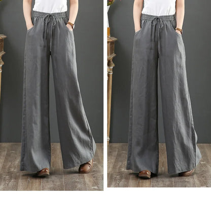 Women's Retro High-Waist Wide-Leg Cotton Linen Pants - Loose Fit, Plus Size Casual Trousers