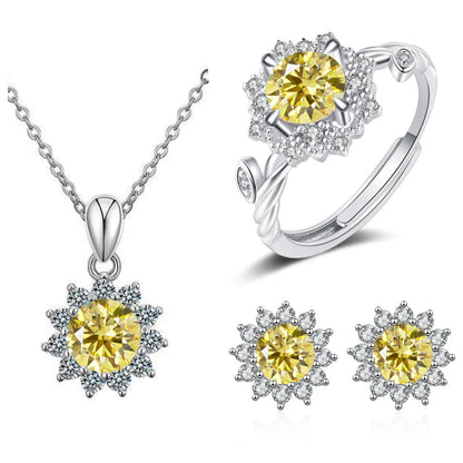 S925 Sterling Silver Stud Earrings & Pendant Set | 1 Carat Moissanite Necklace | Classic Sunflower Design | Perfect Valentine’s Day Gift Serafina