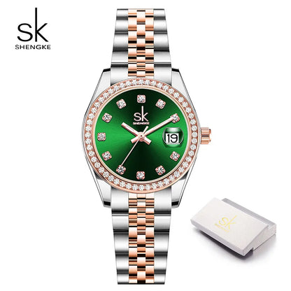 Shengke Elegant Women's Crystal-Accented Quartz Watch with Solid Alloy Steel Band and Calendar – Perfect Dress Watch for Women