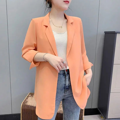 New Women’s Spring & Summer Chiffon Suit Cardigan – Seven Sleeve, Mid-Long Lapel V-Neck Casual Loose Jacket Maribel