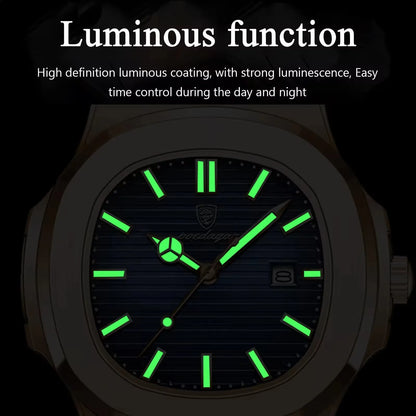 POEDAGAR 613 Men's Luxury Gold Watch – Fashion Square Quartz Business Watch with Stainless Steel, Waterproof, Luminous, and Date Display Thierry