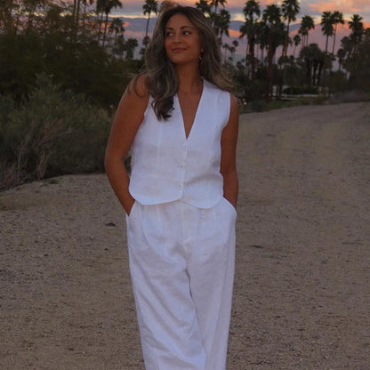 Summer White Linen Two-Piece Set for Women | Fashion Sleeveless Tank Top with High-Waist Wide-Leg Pants Myles