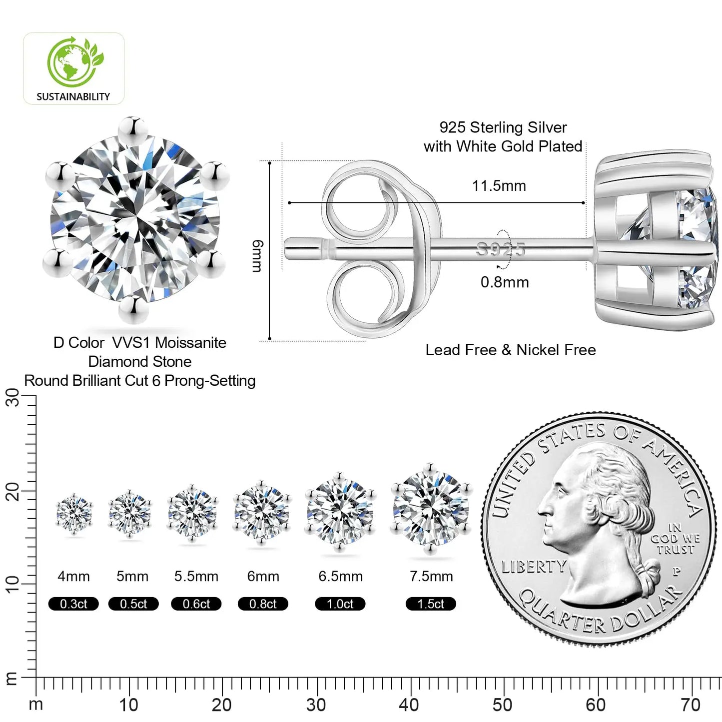 Sparkly Moissanite Stud Earrings - 925 Sterling Silver & 14K White Gold Jewelry for Men and Women