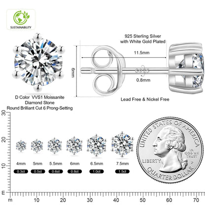Sparkly Moissanite Stud Earrings - 925 Sterling Silver & 14K White Gold Jewelry for Men and Women