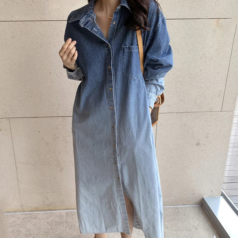 Women's French Style Denim Dress | Gradient Halo Dye, Lapel, Single-Breasted, Loose Long Sleeve Design Diane
