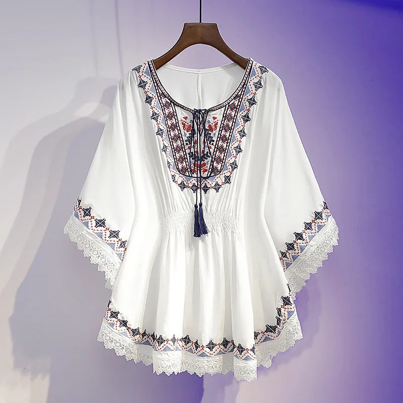 Women's Summer Blouse | Retro Lace Panel Print Design, Chic Medium-Length Loose Fit Top Camille