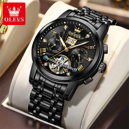 OLEVS 6617 Men's Tourbillon Watch - Classic Business Style, Stainless Steel Band, Skeleton Dial, Automatic Mechanical Wristwatch