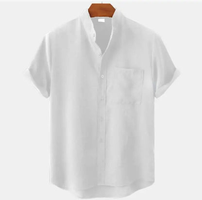 Men Summer V-neck Button up Cotton Linen Shirts Solid Color Short Sleeve Shirt Men's Fashion Trendy Shirts