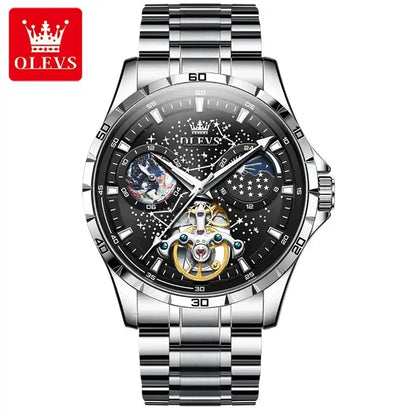 OLEVS 6689 Men's Automatic Mechanical Watch – Luxury Skeleton Design with Starry Sky Dial, Multifunctional Features, Stainless Steel, and Leather Strap