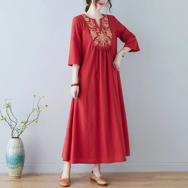 Women's Ethnic-Style V-Neck Embroidered Dress – Loose-Fit, 3/4 Sleeves, Mid-Length Summer Fashion