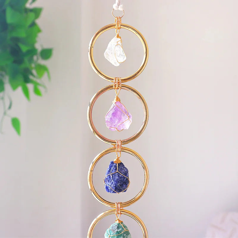 Raw Crystal Chakra Wall Hanging – Natural Crystal Sun Catcher for Home Décor, Energy Healing, and Positive Vibes