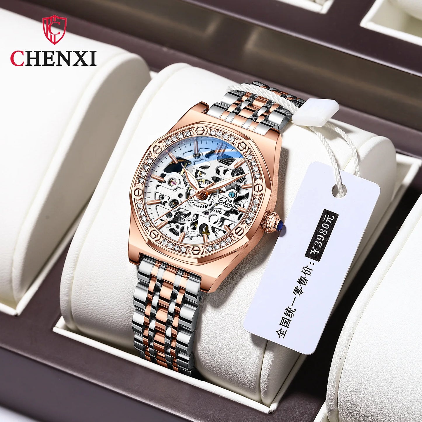 CHENXI Women’s Skeleton Diamond Automatic Watch | 8848 Luxury Stainless Steel Mechanical Wristwatch – Waterproof Bracelet for Girls & Women