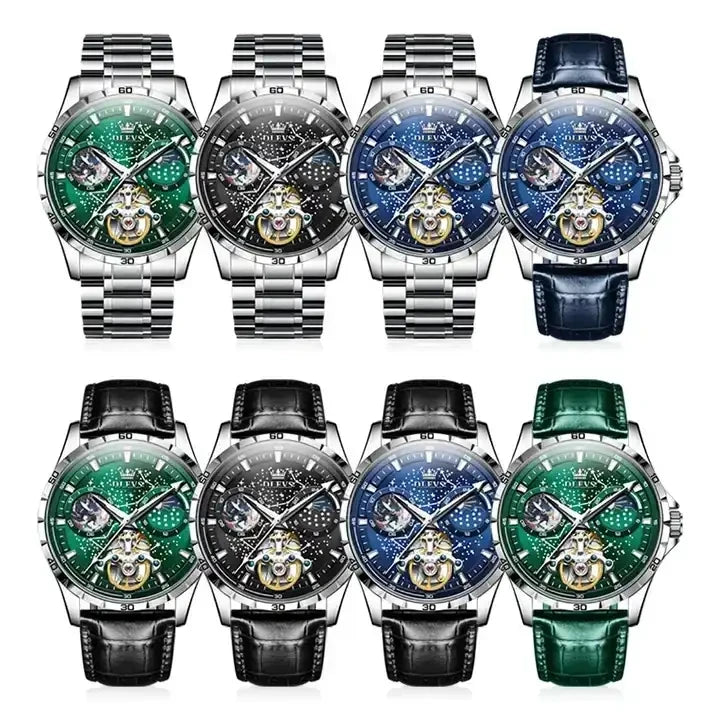 OLEVS 6689 Men's Automatic Mechanical Watch – Luxury Skeleton Design with Starry Sky Dial, Multifunctional Features, Stainless Steel, and Leather Strap