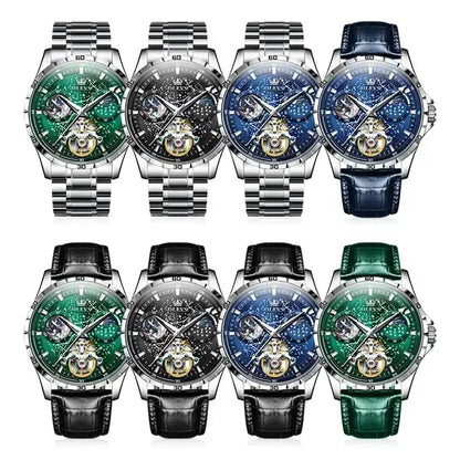 OLEVS 6689 Men's Automatic Mechanical Watch – Luxury Skeleton Design with Starry Sky Dial, Multifunctional Features, Stainless Steel, and Leather Strap