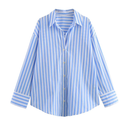 Women's Striped Poplin Lapel Shirt - Spring Fashion Long Sleeve Top Anika