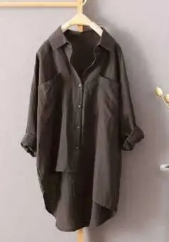 Women Long Sleeve Cotton Linen Loose Shirts Lapel Collar Pockets Solid Color Single Breasted Button Blouse
