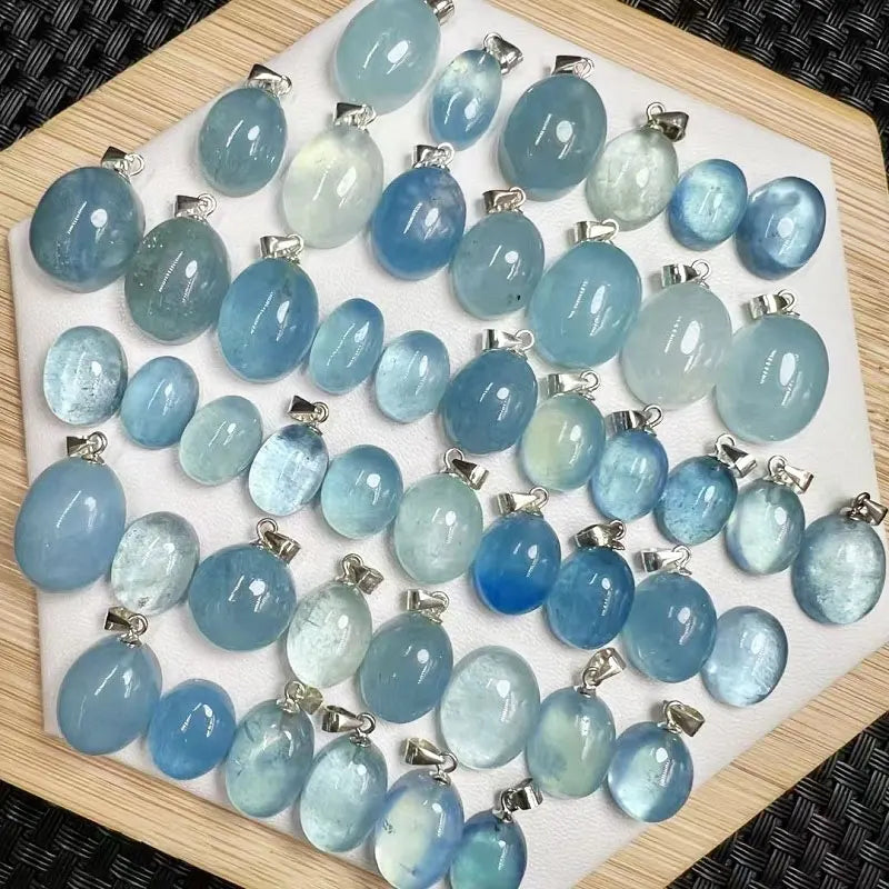 Natural Aquamarine Pendant – Oval Semi-Precious Stone Crystal Charm Jewelry with 925 Sterling Silver Buckle