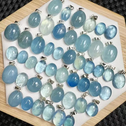 Natural Aquamarine Pendant – Oval Semi-Precious Stone Crystal Charm Jewelry with 925 Sterling Silver Buckle