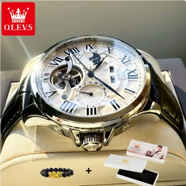 OLEVS 7013 Men's Moon Phase Mechanical Watch – Roman Scale, Hollow Flywheel, Waterproof Automatic Timepiece