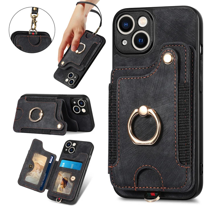 Leather Card Holder Phone Case – Protective Cover with Strap for iPhone 15, 14, 13