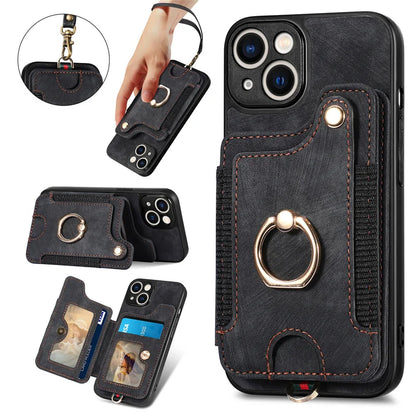 Leather Card Holder Phone Case – Protective Cover with Strap for iPhone 15, 14, 13