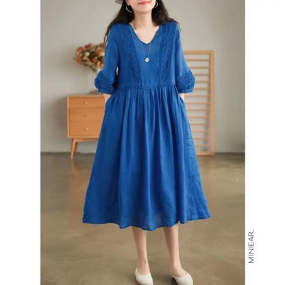 Women Casual Dress Long Sleeve Solid Color V Neck Midi Cotton Linen Dress Linen Dresses Women