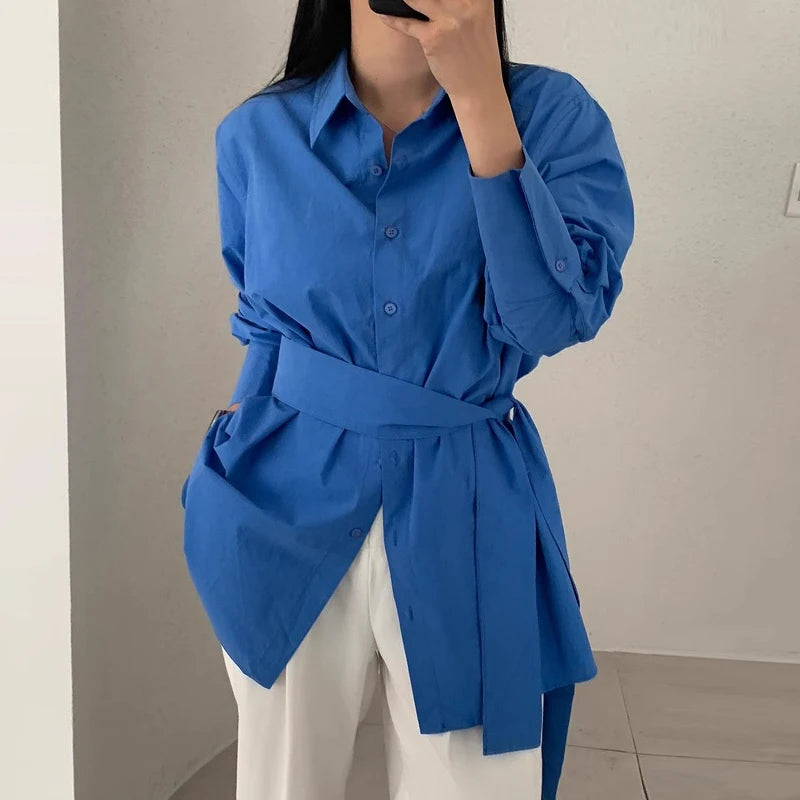 Women's Vintage White Shirt | Autumn Lapel Single-Breasted, Strap Waist Cinching, Versatile Long-Sleeve Design Cassie