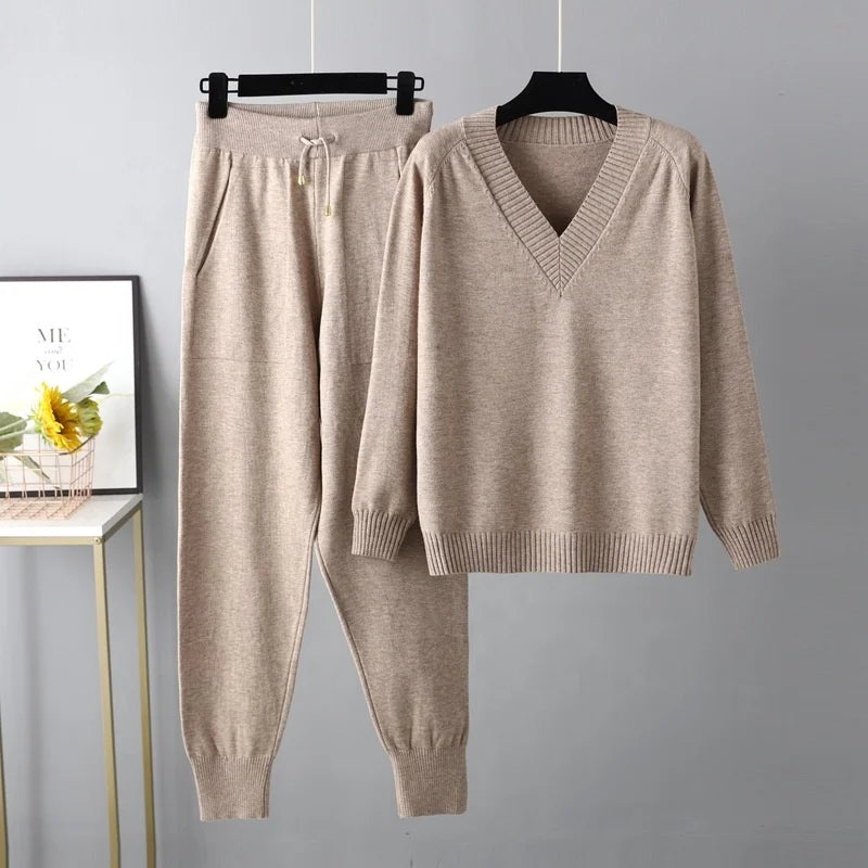 Autumn & Winter Women's Sweater Two-Piece Set – Casual Knit Jumper and Harun Pants Outfit Harlene