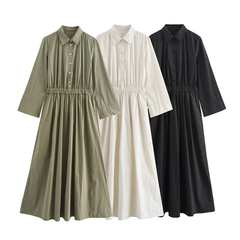 Women's Shirt Style Dress Long Sleeve Waisted Loose Dress