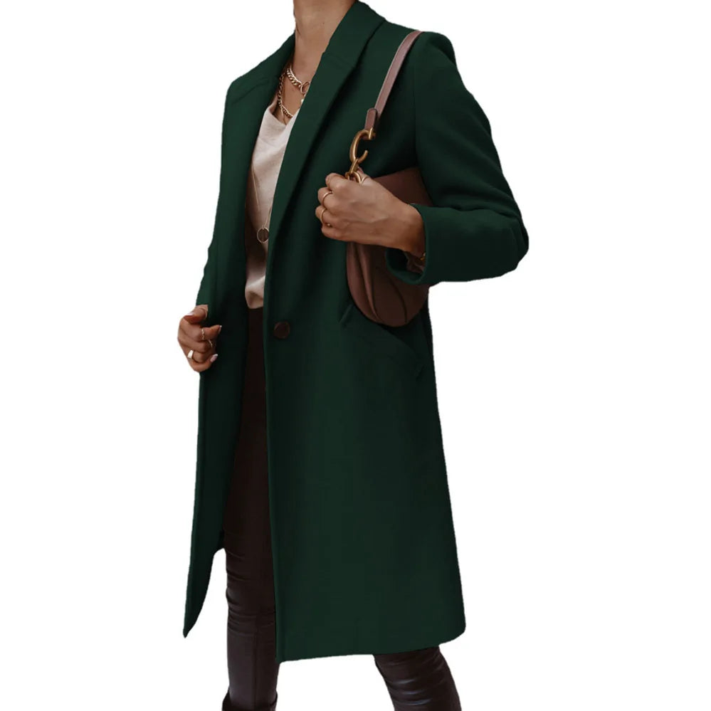 Women's Solid Color Woolen Coat - Lapel Button Mid-Length Autumn & Winter, Office Wear Cathy