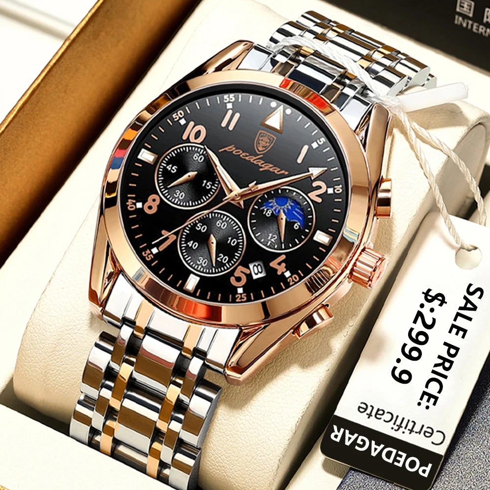 POEDAGAR 816 Men's Quartz Chronograph Watch – Steel Strap, 6 Hands, Luminous