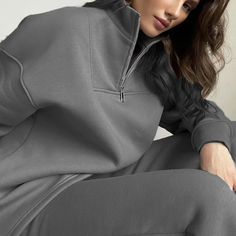 Autumn Women's Fashion Set - Stand Collar Loose Sweatshirt & Casual Pants