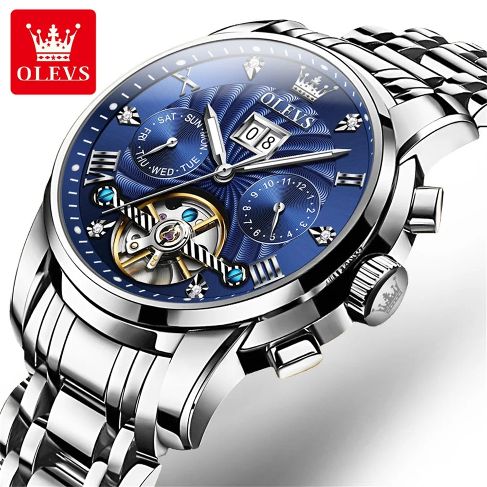OLEVS 9910 Men's Luxury Tourbillon Watch - Automatic Mechanical, Stainless Steel Strap, Waterproof, Luminous Dial, Auto Date Display, Business Style