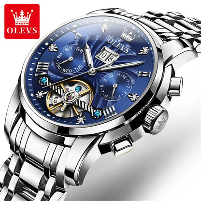 OLEVS 9910 Men's Luxury Tourbillon Watch - Automatic Mechanical, Stainless Steel Strap, Waterproof, Luminous Dial, Auto Date Display, Business Style