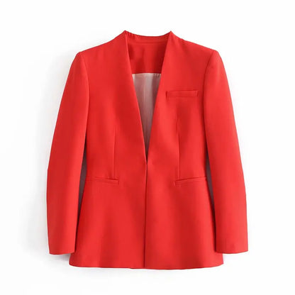 Women's Casual Long Sleeve Suit Jacket - All-Match Lapel-Free Blazer with Shoulder Pads Clemence
