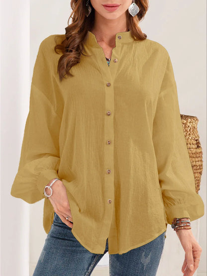 Women Solid Color White Loose Tops Long Sleeve Casual Shirts Stand Collar Button Spring Shirt