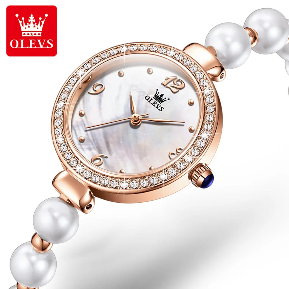 OLEVS 9968 Women's Luxury Leather Wristwatch – Quartz Bracelet Watch with Diamond Accents and Pearl Winding Mélusine