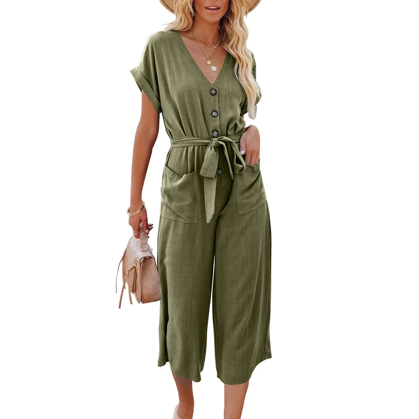 Women's Loose V-Neck Jumpsuit | Casual Lace-Up Design with Pockets Janine