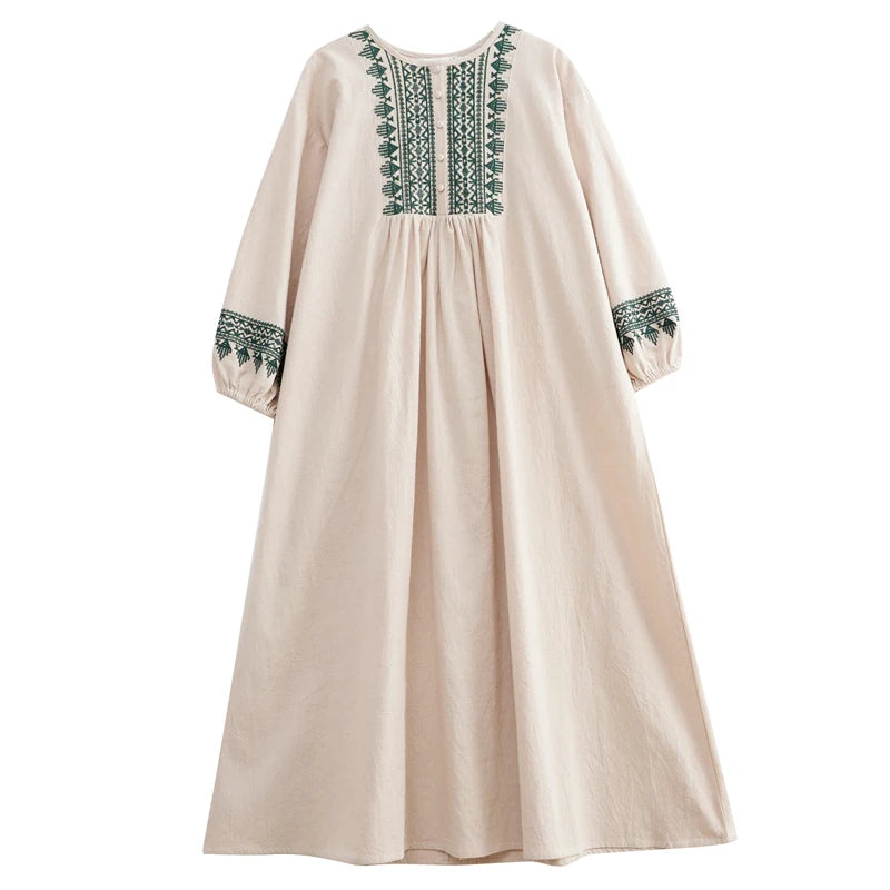 Women’s Loose Embroidered Long Dress – Extra Wide Cotton Linen with Round Neck
