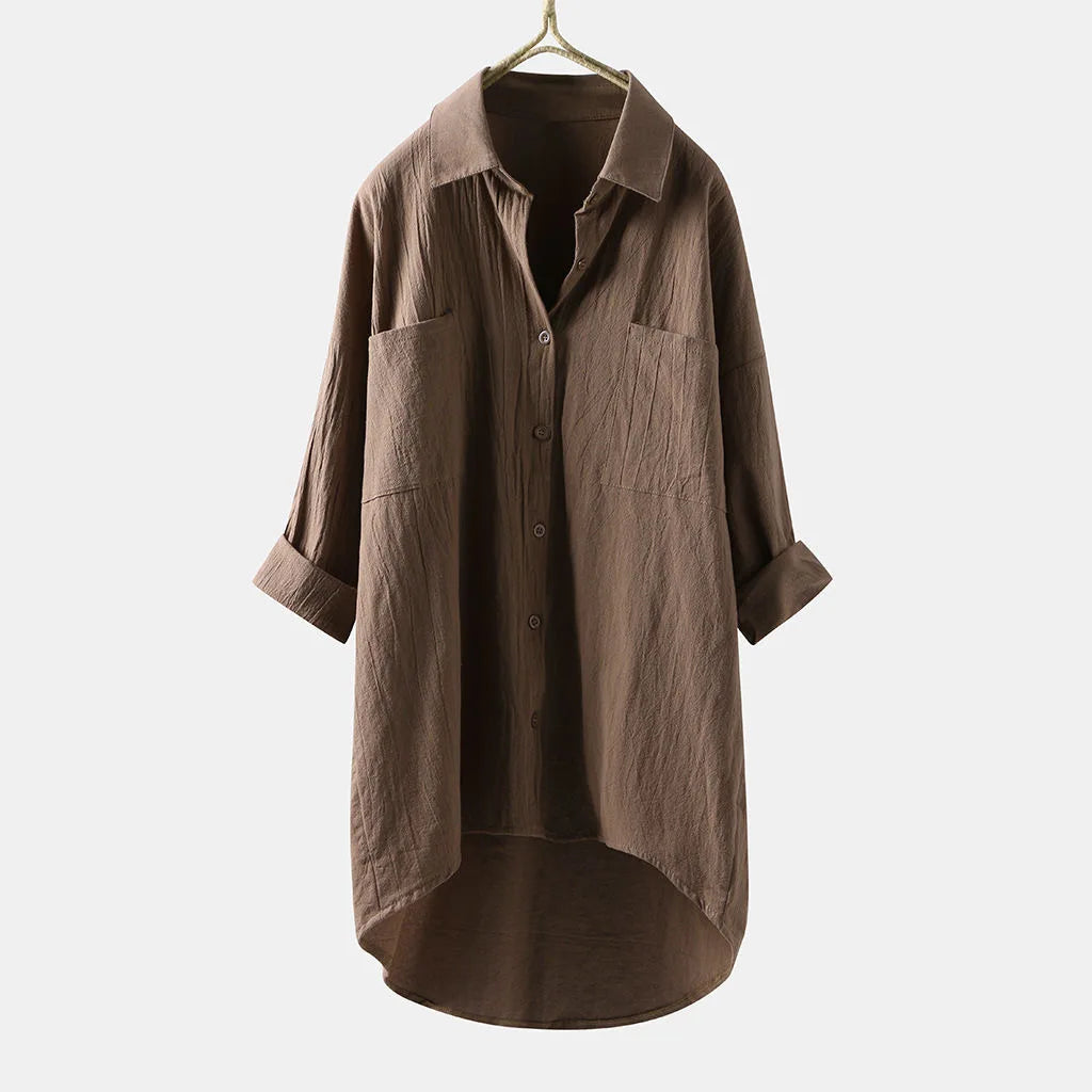Women Long Sleeve Cotton Linen Loose Shirts Lapel Collar Pockets Solid Color Single Breasted Button Blouse