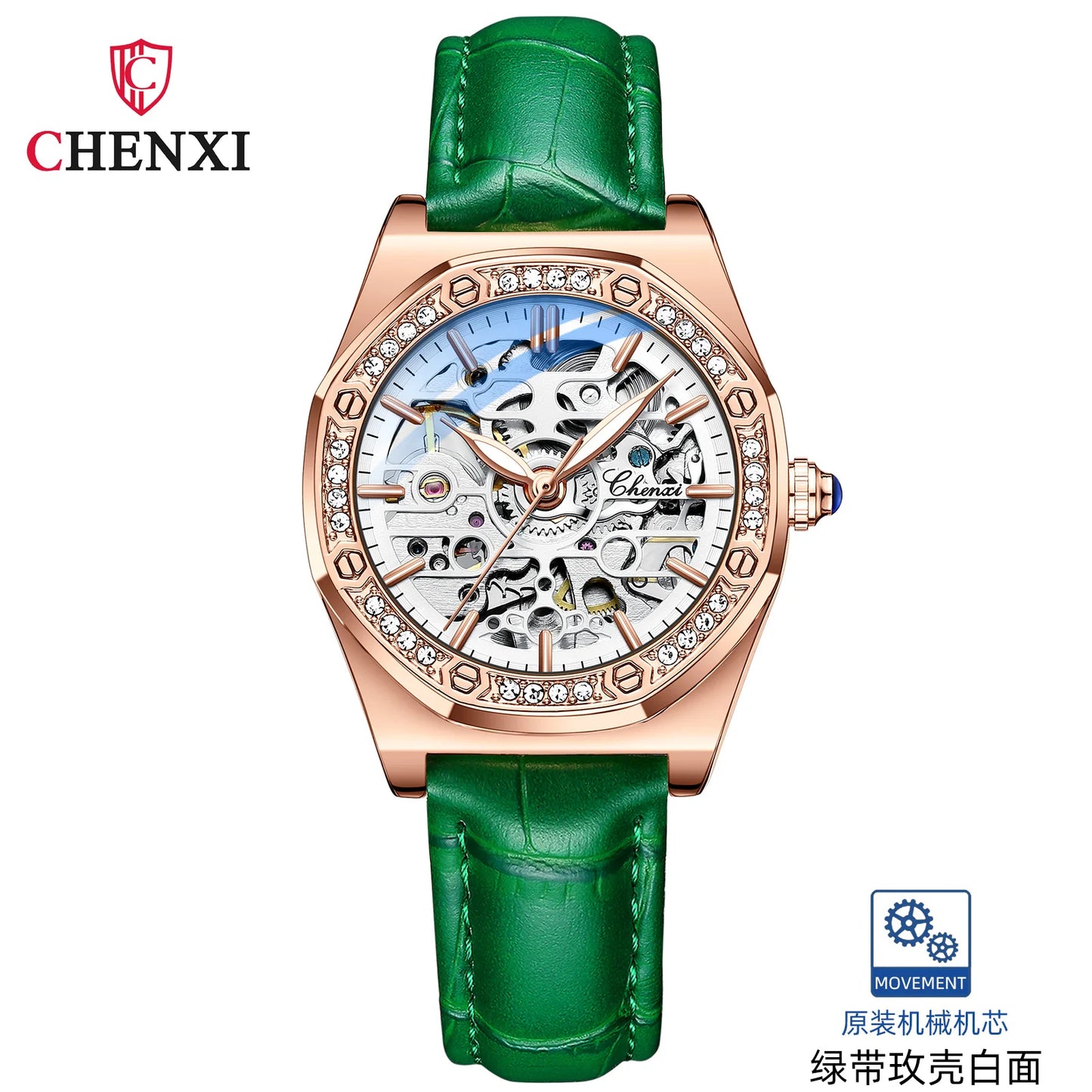 CHENXI Women’s Skeleton Diamond Automatic Watch | 8848 Luxury Stainless Steel Mechanical Wristwatch – Waterproof Bracelet for Girls & Women