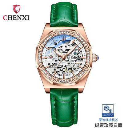 CHENXI Women’s Skeleton Diamond Automatic Watch | 8848 Luxury Stainless Steel Mechanical Wristwatch – Waterproof Bracelet for Girls & Women
